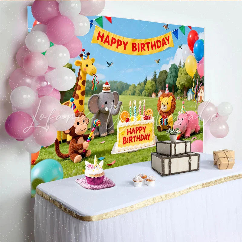 Lofaris Bunter niedlicher Safari-Tier-Geburtstagshintergrund Dschungel-Party-Fotokulisse für Kinder mit Ballons und Kuchen