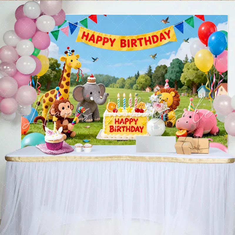 Lofaris Bunter niedlicher Safari-Tier-Geburtstagshintergrund Dschungel-Party-Fotokulisse für Kinder mit Ballons und Kuchen