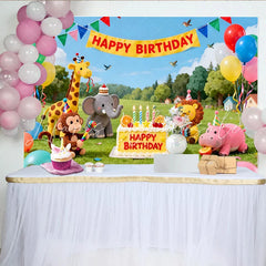 Lofaris Bunter niedlicher Safari-Tier-Geburtstagshintergrund Dschungel-Party-Fotokulisse für Kinder mit Ballons und Kuchen
