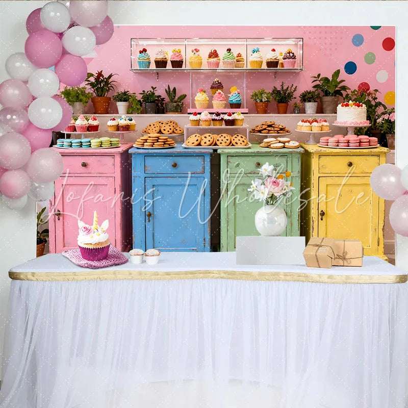 Lofaris Bunter Shabby Chic Desserttisch-Hintergrund für Geburtstagsfeiern und Babypartys mit Cupcakes und Makronen