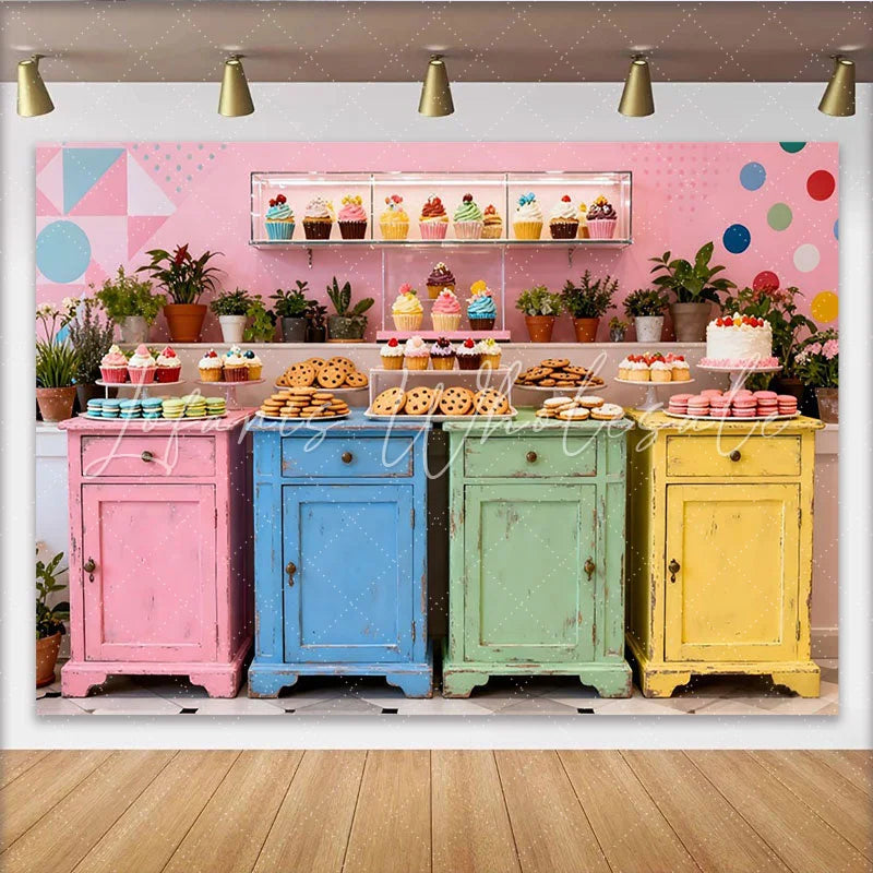 Lofaris Bunter Shabby Chic Desserttisch-Hintergrund für Geburtstagsfeiern und Babypartys mit Cupcakes und Makronen