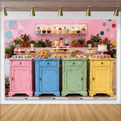 Lofaris Bunter Shabby Chic Desserttisch-Hintergrund für Geburtstagsfeiern und Babypartys mit Cupcakes und Makronen