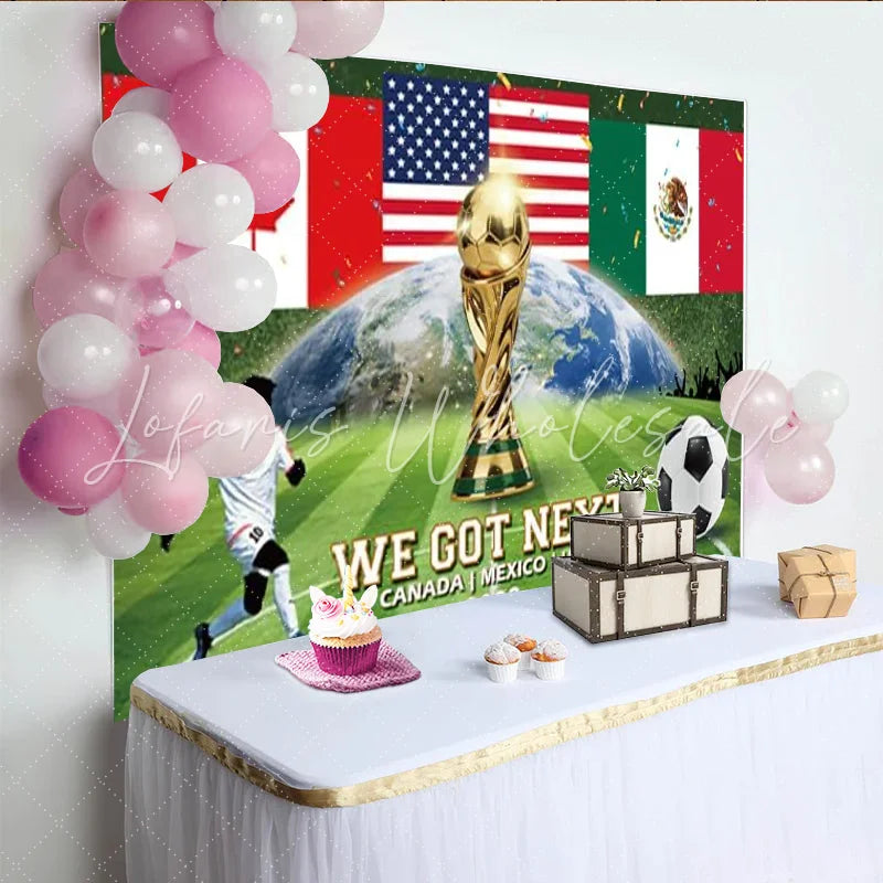Lofaris Canada Mexico USA Flags Sports Championship Backdrop with Golden Trophy Green Soccer Field Earth Design Photo Background for Fan