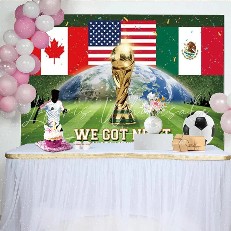 Lofaris Canada Mexico USA Flags Sports Championship Backdrop with Golden Trophy Green Soccer Field Earth Design Photo Background for Fan