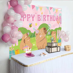 Lofaris Capybara Family Birthday Backdrop Pink Sunburst Party Decoration for Kids Birthday Party