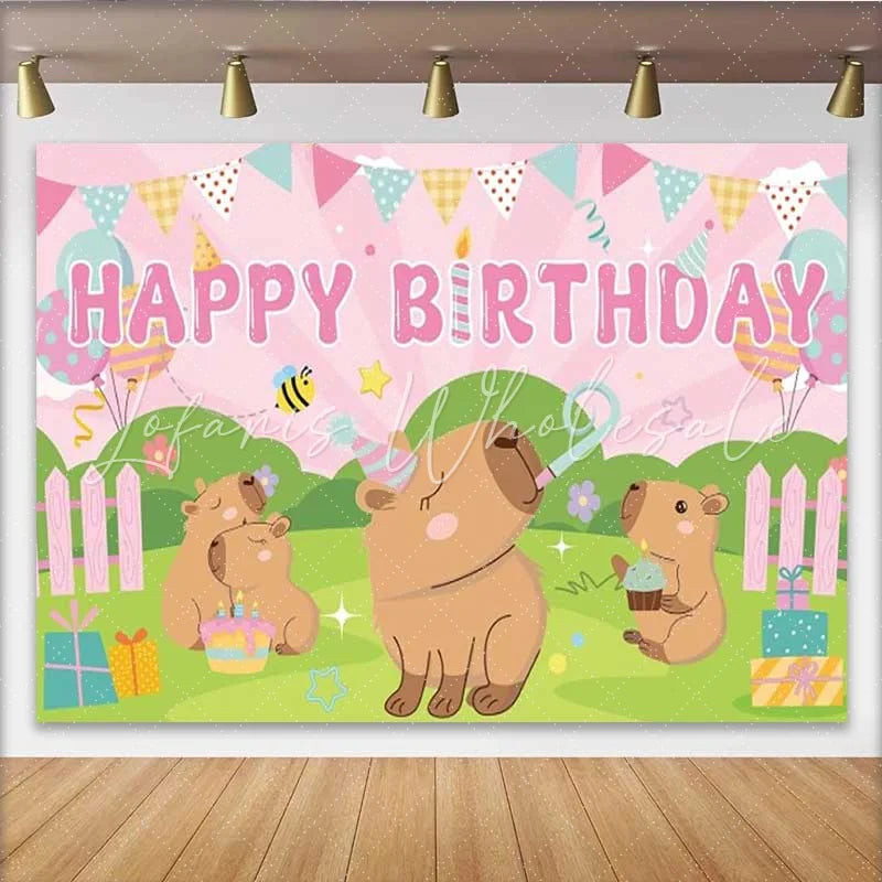 Lofaris Capybara Family Birthday Backdrop Pink Sunburst Party Decoration for Kids Birthday Party