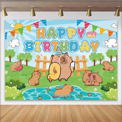Lofaris Capybara Happy Birthday Backdrop Cute Cartoon Animals Green Grass Photography Background Kids Birthday Party Decoration