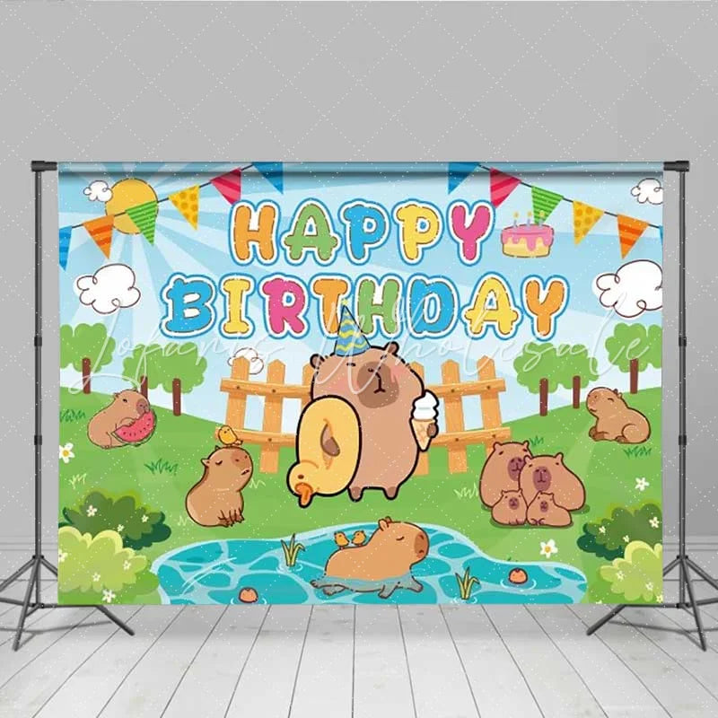 Lofaris Capybara Happy Birthday Backdrop Cute Cartoon Animals Green Grass Photography Background Kids Birthday Party Decoration