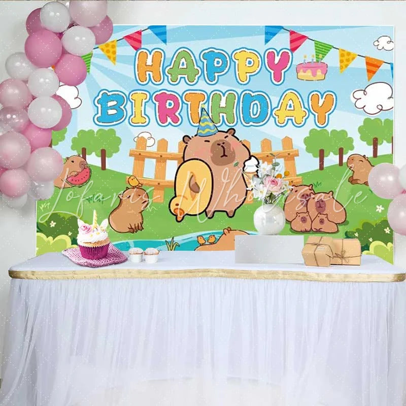 Lofaris Capybara Happy Birthday Backdrop Cute Cartoon Animals Green Grass Photography Background Kids Birthday Party Decoration
