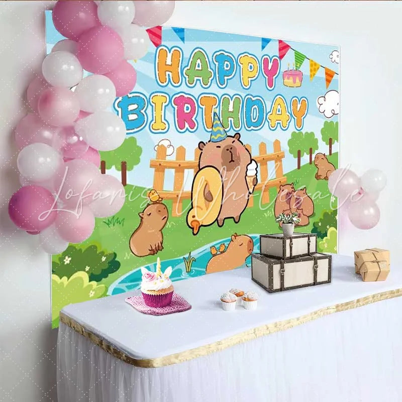 Lofaris Capybara Happy Birthday Backdrop Cute Cartoon Animals Green Grass Photography Background Kids Birthday Party Decoration