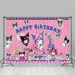 Lofaris Cartoon Anime Girl Birthday Backdrop Cute Purple Devil Party Decoration Pink Star Skull Happy Birthday Banner Photo Background