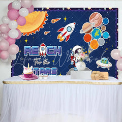 Lofaris Cartoon Astronaut Space Birthday Backdrop with Planets and Rocket ’Reach for the Stars’ Theme Background for Kids Party Photography