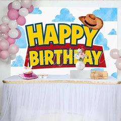 Lofaris Cartoon Cloud Cowboy Happy Birthday Backdrop with Western Hat Kids Party Photography Background for Studio Photoshoot