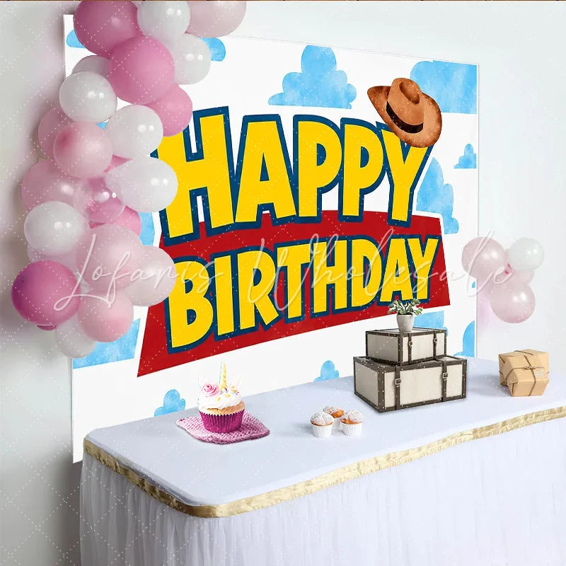 Lofaris Cartoon Cloud Cowboy Happy Birthday Backdrop with Western Hat Kids Party Photography Background for Studio Photoshoot