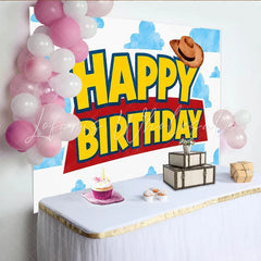 Lofaris Cartoon Cloud Cowboy Happy Birthday Backdrop with Western Hat Kids Party Photography Background for Studio Photoshoot