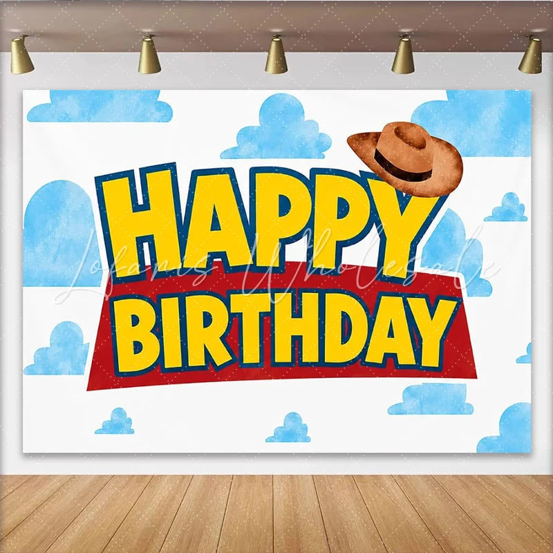 Lofaris Cartoon Cloud Cowboy Happy Birthday Backdrop with Western Hat Kids Party Photography Background for Studio Photoshoot