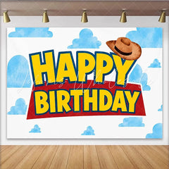 Lofaris Cartoon Cloud Cowboy Happy Birthday Backdrop with Western Hat Kids Party Photography Background for Studio Photoshoot