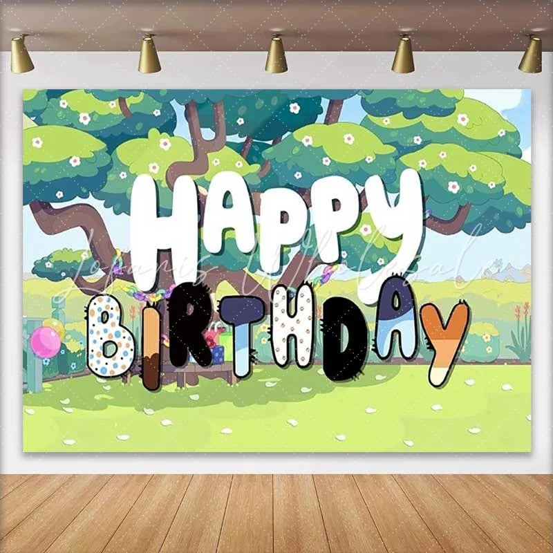 Lofaris Cartoon Dog Family Happy Birthday Backdrop Blue Puppy Big Tree Boys Girls Party Photography Background