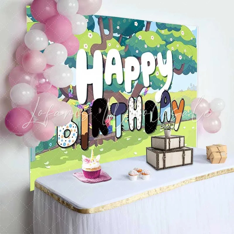 Lofaris Cartoon Dog Family Happy Birthday Backdrop Blue Puppy Big Tree Boys Girls Party Photography Background