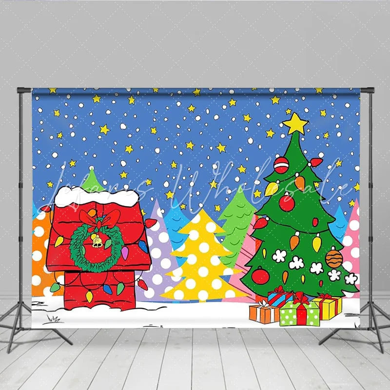 Lofaris Cartoon Doghouse Christmas Backdrop Colorful Winter Trees Snow Photography Background Kids Xmas Holiday Party Decoration