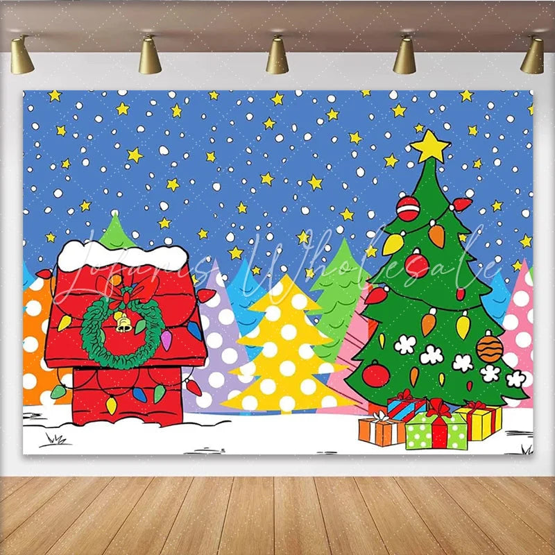 Lofaris Cartoon Doghouse Christmas Backdrop Colorful Winter Trees Snow Photography Background Kids Xmas Holiday Party Decoration