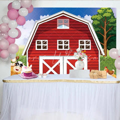 Lofaris Cartoon Farm Photography Backdrop with Red Barn Cow and Chicken Green Grass Blue Sky Background for Kids Party Decor