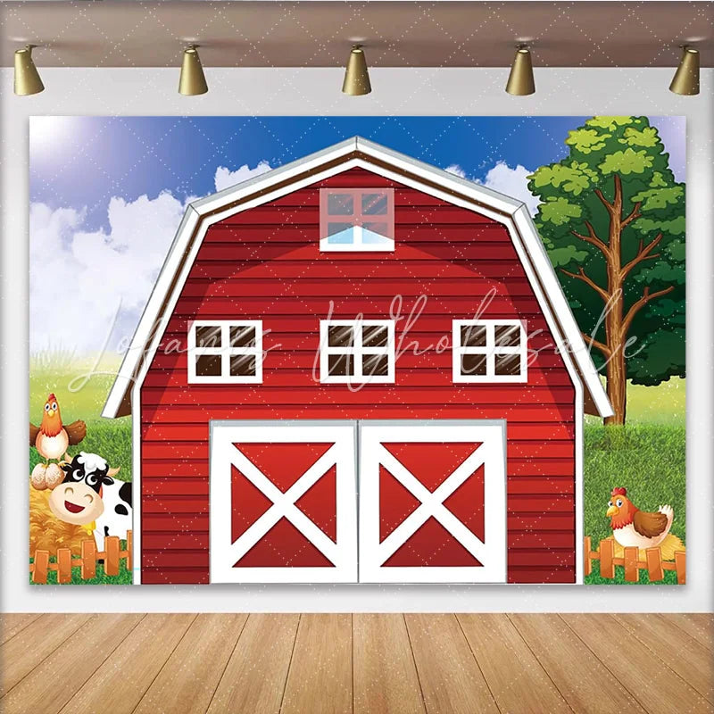 Lofaris Cartoon Farm Photography Backdrop with Red Barn Cow and Chicken Green Grass Blue Sky Background for Kids Party Decor