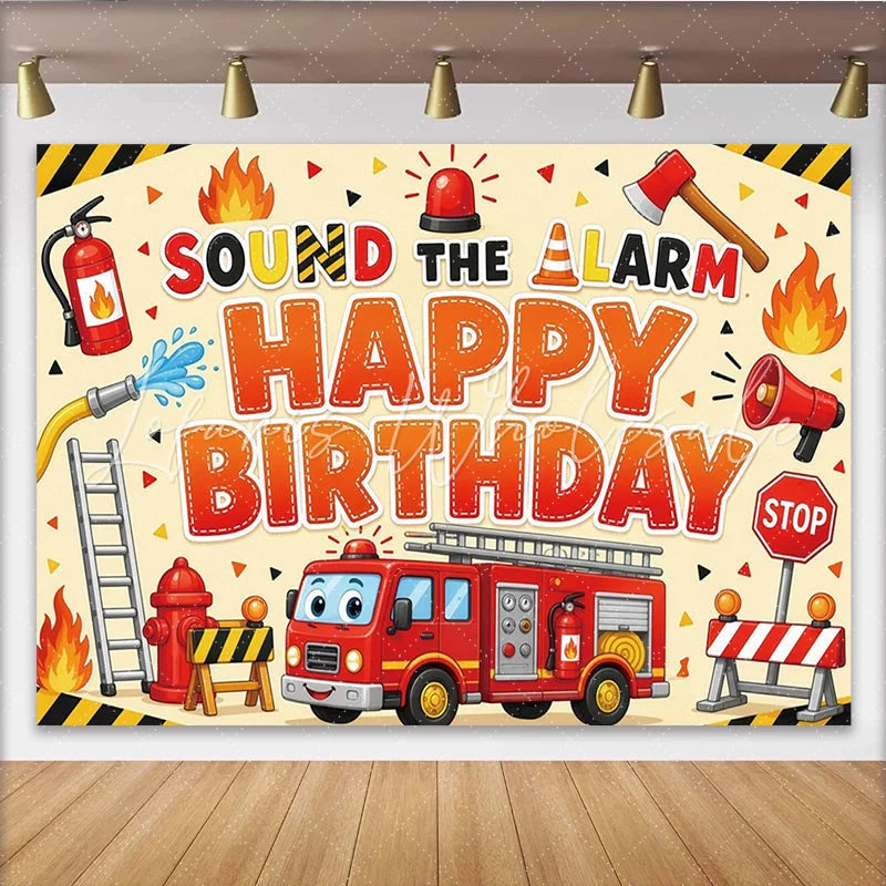 Lofaris Cartoon Firefighter Birthday Backdrop with Fire Truck and Alarm Exciting Party Background for Kids Photo Booth