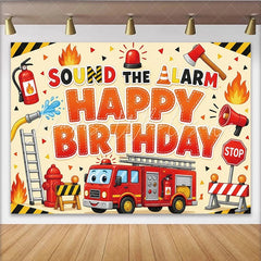 Lofaris Cartoon Firefighter Birthday Backdrop with Fire Truck and Alarm Exciting Party Background for Kids Photo Booth
