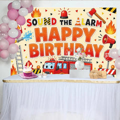 Lofaris Cartoon Firefighter Birthday Backdrop with Fire Truck and Alarm Exciting Party Background for Kids Photo Booth