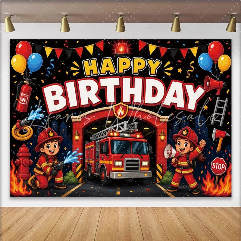 Lofaris Cartoon Firefighter Birthday Backdrop with Fire Truck and Balloons for Kids Party Hero Theme Photography Background Decor
