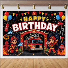 Lofaris Cartoon Firefighter Birthday Backdrop with Fire Truck and Balloons for Kids Party Hero Theme Photography Background Decor