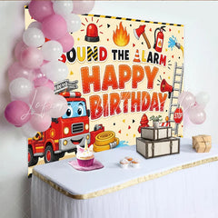 Lofaris Cartoon Firefighter Birthday Backdrop with Fire Truck and Siren Sound the Alarm Theme Photo Background for Kids Party Decor