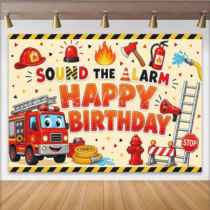 Lofaris Cartoon Firefighter Birthday Backdrop with Fire Truck and Siren Sound the Alarm Theme Photo Background for Kids Party Decor