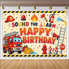 Lofaris Cartoon Firefighter Birthday Backdrop with Fire Truck and Siren Sound the Alarm Theme Photo Background for Kids Party Decor