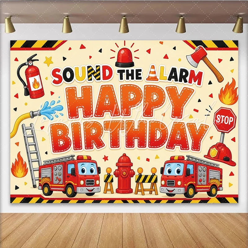 Lofaris Cartoon Firefighter Happy Birthday Backdrop with Fire Trucks and Alarm Vibrant Fire Station Theme for Kids Party Photography