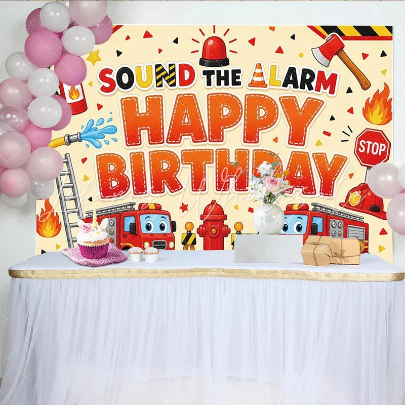 Lofaris Cartoon Firefighter Happy Birthday Backdrop with Fire Trucks and Alarm Vibrant Fire Station Theme for Kids Party Photography