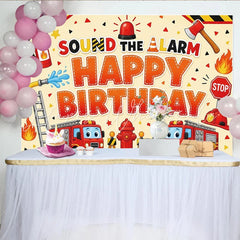 Lofaris Cartoon Firefighter Happy Birthday Backdrop with Fire Trucks and Alarm Vibrant Fire Station Theme for Kids Party Photography