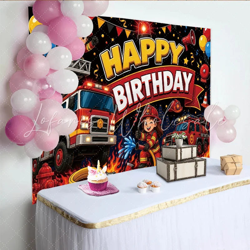 Lofaris Cartoon Firefighter Happy Birthday Backdrop with Fire Trucks and Balloons Vibrant Party Background for Kids Photoshoot