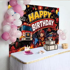 Lofaris Cartoon Firefighter Happy Birthday Backdrop with Fire Trucks and Balloons Vibrant Party Background for Kids Photoshoot