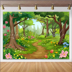 Lofaris Cartoon Forest Photography Backdrop with Winding Path and Flowers Lush Woodland Background for Kids Party and Studio Photoshoot