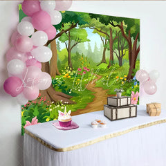 Lofaris Cartoon Forest Photography Backdrop with Winding Path and Flowers Lush Woodland Background for Kids Party and Studio Photoshoot