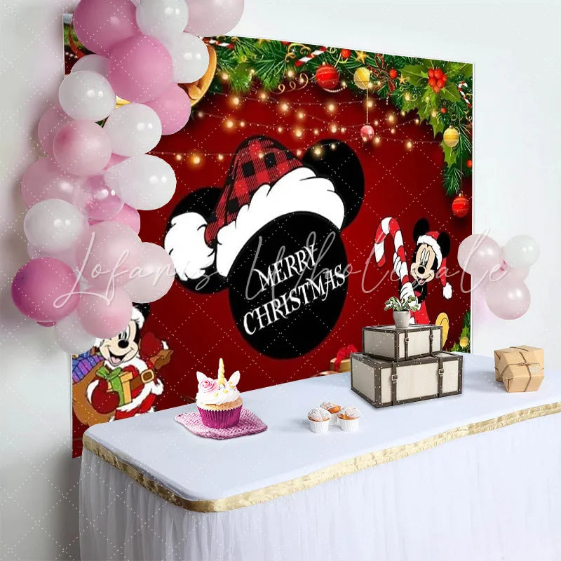 Lofaris Cartoon Mouse Christmas Backdrop Red Santa Hat Merry Christmas Background Party Decoration Winter Xmas Photo Booth