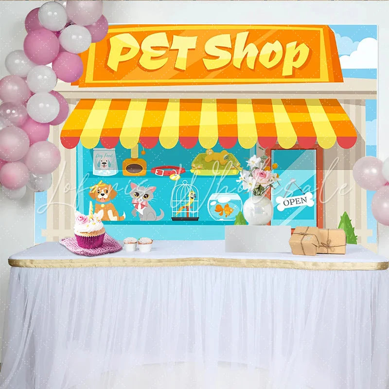 Lofaris Cartoon Pet Shop Photography Backdrop with Cute Animals and Bright Awning Fun Studio Background for Kids Party Photoshoot