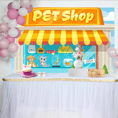 Lofaris Cartoon Pet Shop Photography Backdrop with Cute Animals and Bright Awning Fun Studio Background for Kids Party Photoshoot
