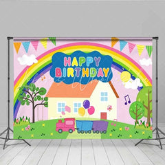 Lofaris Cartoon Pink Pig Birthday Backdrop Rainbow House Train Party Decoration Sunny Garden Kids Happy Birthday Banner Photography Prop