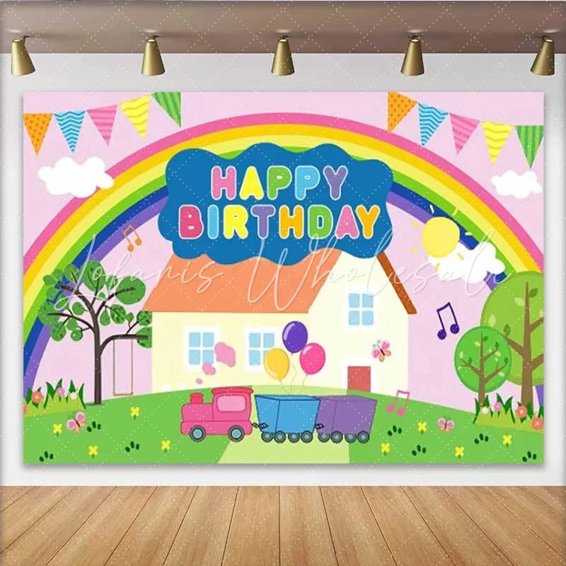 Lofaris Cartoon Pink Pig Birthday Backdrop Rainbow House Train Party Decoration Sunny Garden Kids Happy Birthday Banner Photography Prop