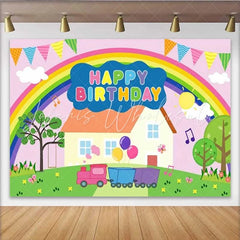 Lofaris Cartoon Pink Pig Birthday Backdrop Rainbow House Train Party Decoration Sunny Garden Kids Happy Birthday Banner Photography Prop