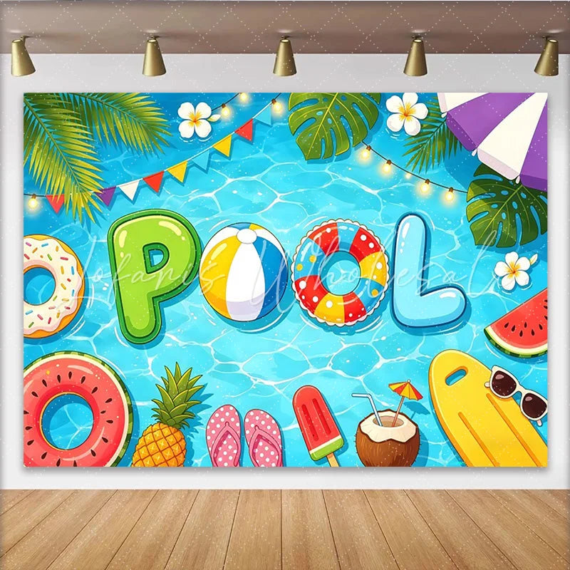 Lofaris Cartoon Pool Birthday Backdrop with Inflatable Letters and Summer Floats Vibrant Party Background for Kids Celebration