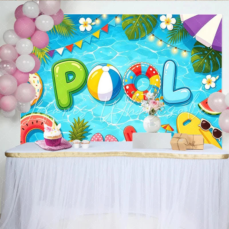 Lofaris Cartoon Pool Birthday Backdrop with Inflatable Letters and Summer Floats Vibrant Party Background for Kids Celebration